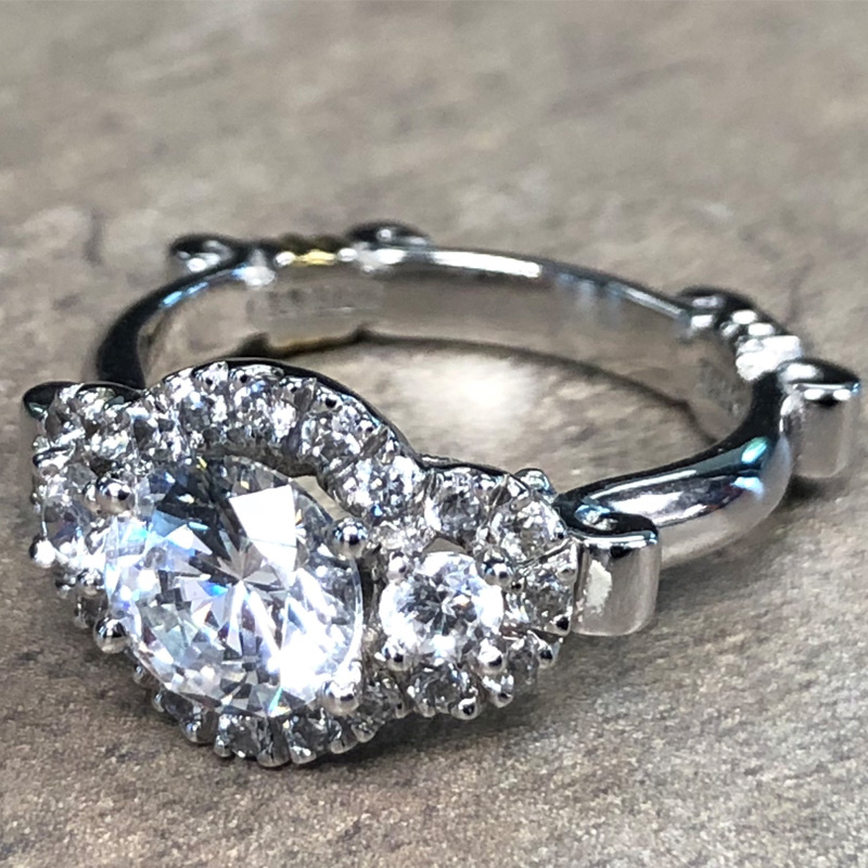 14K White Gold 3 Stone Halo Engagement Ring